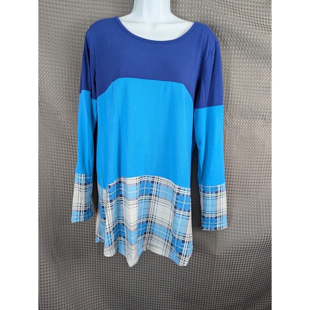 Sherosa Womens Medium Blue Colorblock Plaid Lace Back Tunic Top 3/4 Sleeve Boho